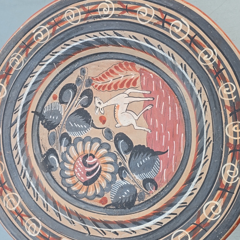 Vintage Mexico 12” Tonala Pottery Mexican Handpainted Deer Floral Wall Plate
